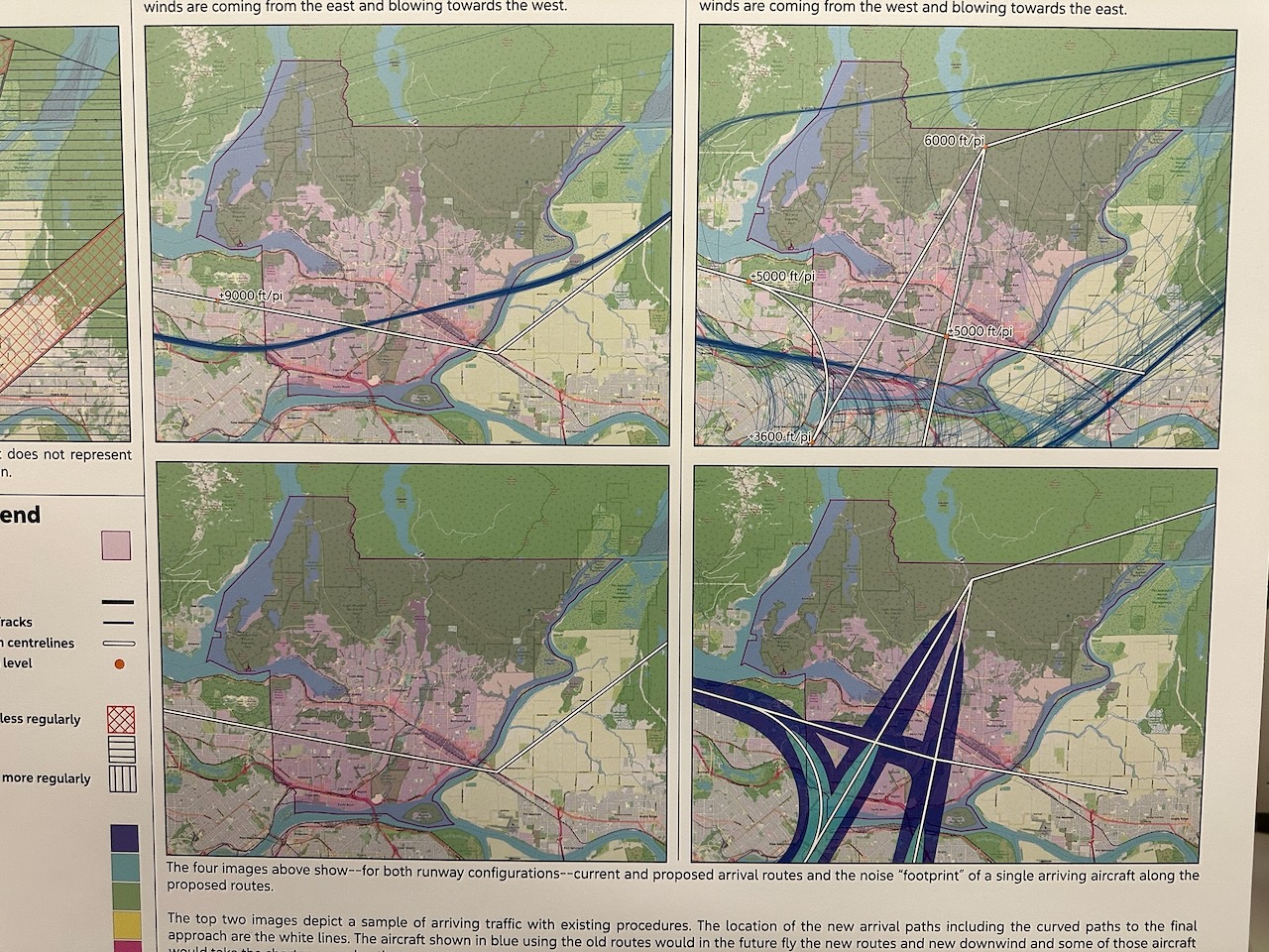 NavCanada noise footprint map for Anmore, Belcarra, and Tri-Cities showing change areas and dB noise contours