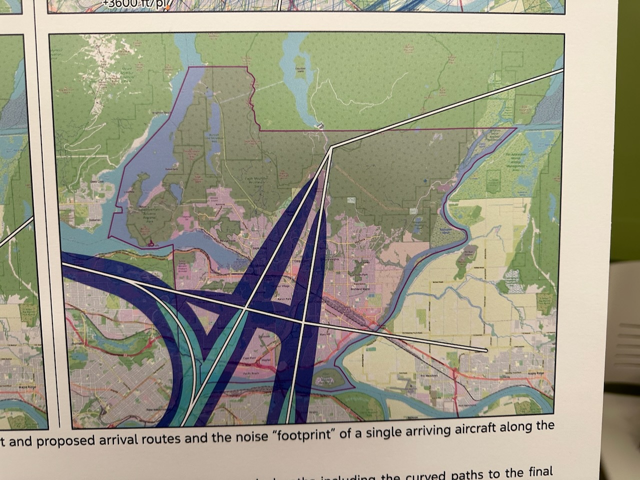 Close-up of arrival routes and noise footprint over Tri-Cities